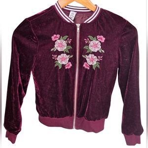 Girls' Embroidered Romantic Floral Coquette Velvet Girly Glam Bomber Jacket